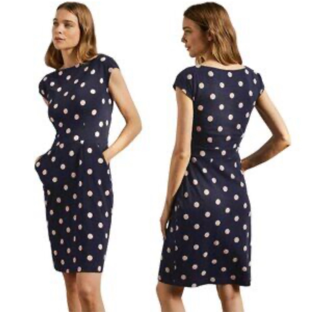 Women’s Boden Dress Navy Blue Polka Dot  Size 4 Small. Pockets
